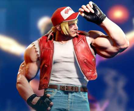 Terry Bogard in front of a Street Fighter 6 background