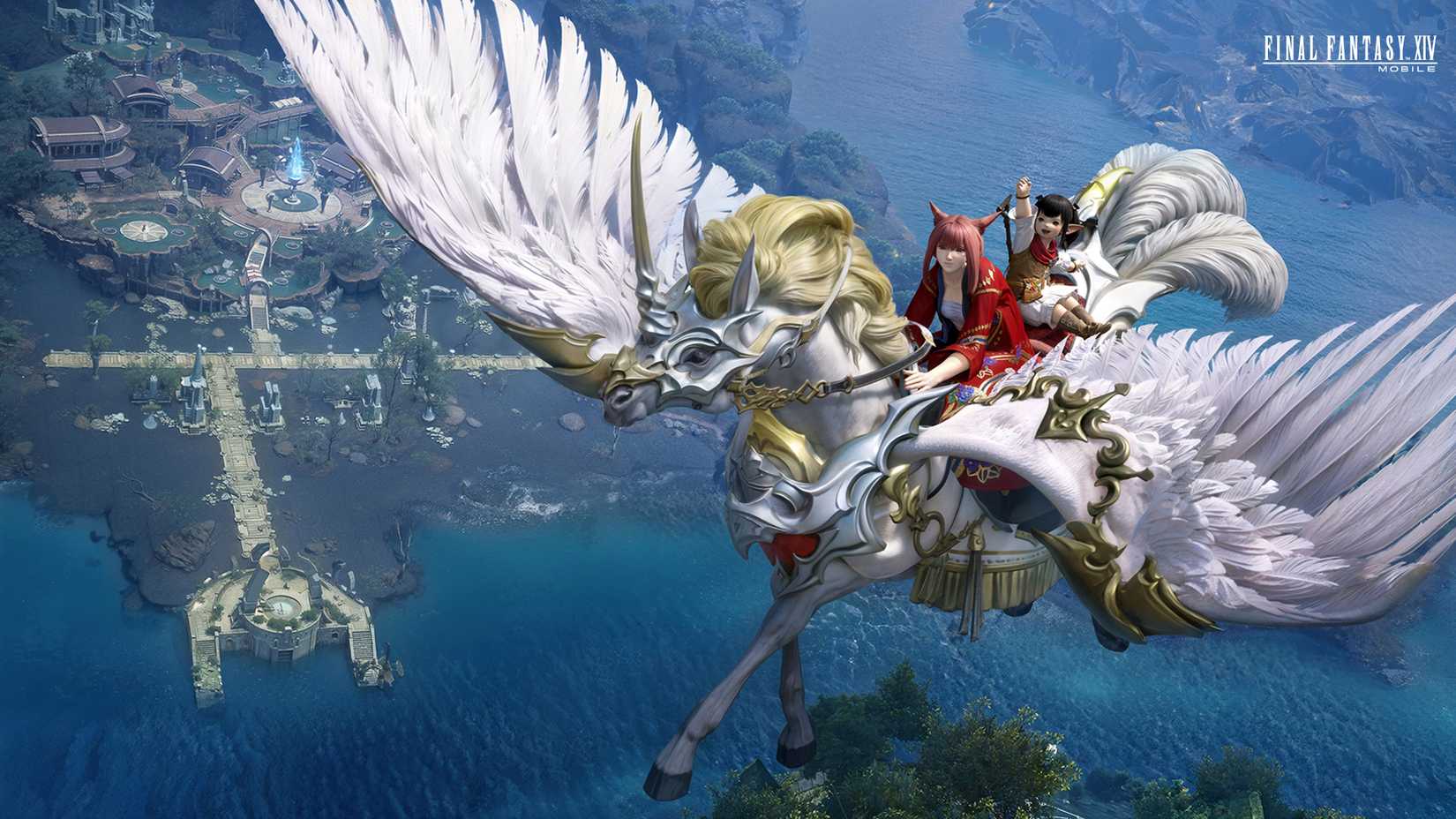 Two players riding a mount in Final 14 Fantasy Mobile.