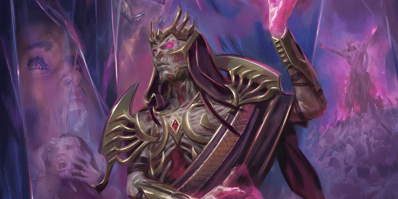 The Archlich Vecna in full armor with glowing purple eyes in Dungeons & Dragons.