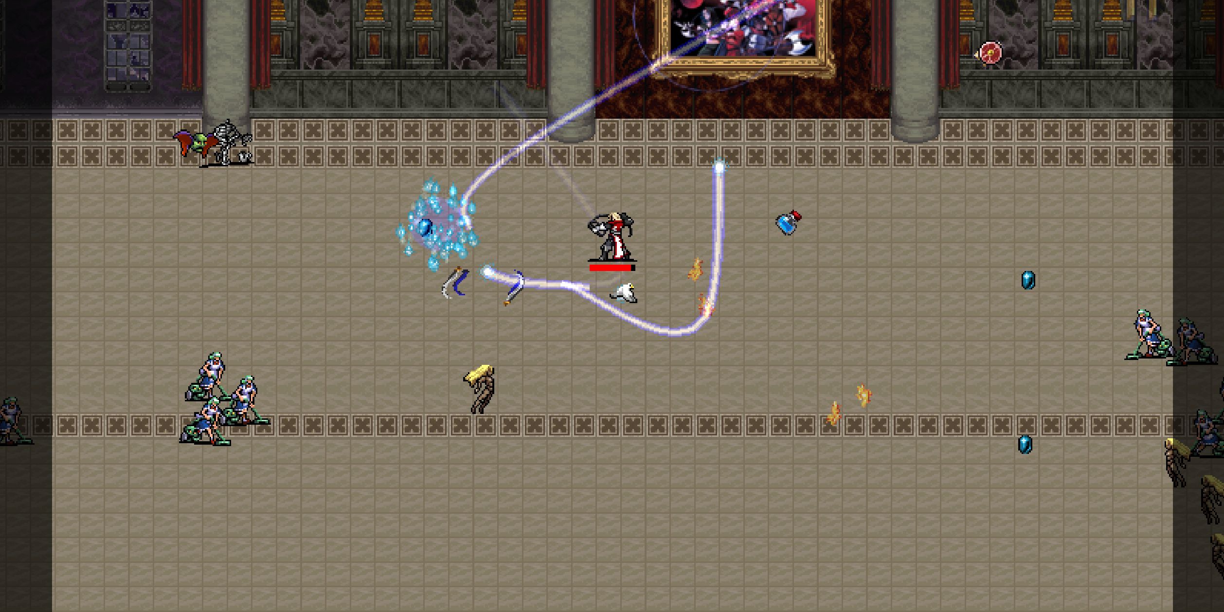 Leon Belmont using his weapons in Vampire Survivors.