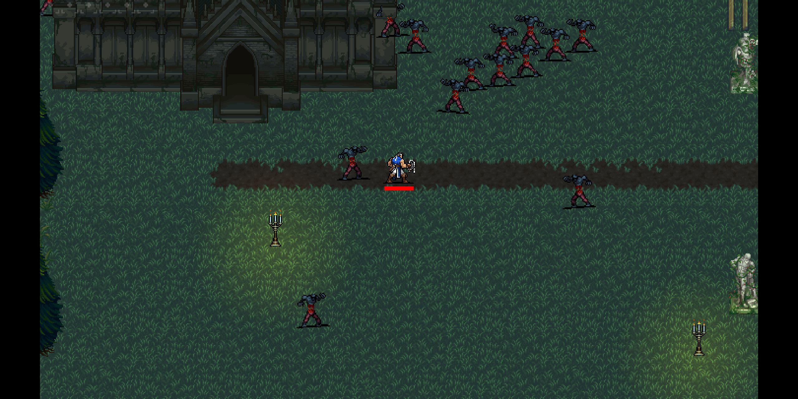 Richter Belmont running through the Ode To Castlevania Stage in Vampire Survivors.