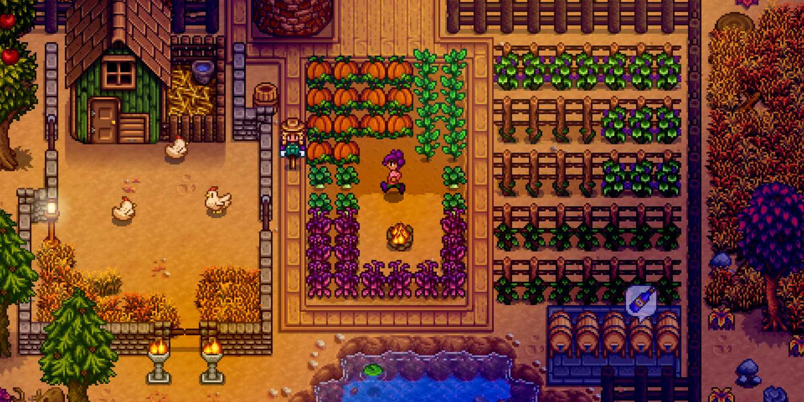 A screenshot of Stardew Valley, in which a purple-haired farmer walks through a pumpkin patch in the evening.
