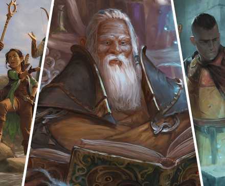 Split image showing a couple of party members arguing, and old wizard reading a book, and a pair of adventurers casting a spell.