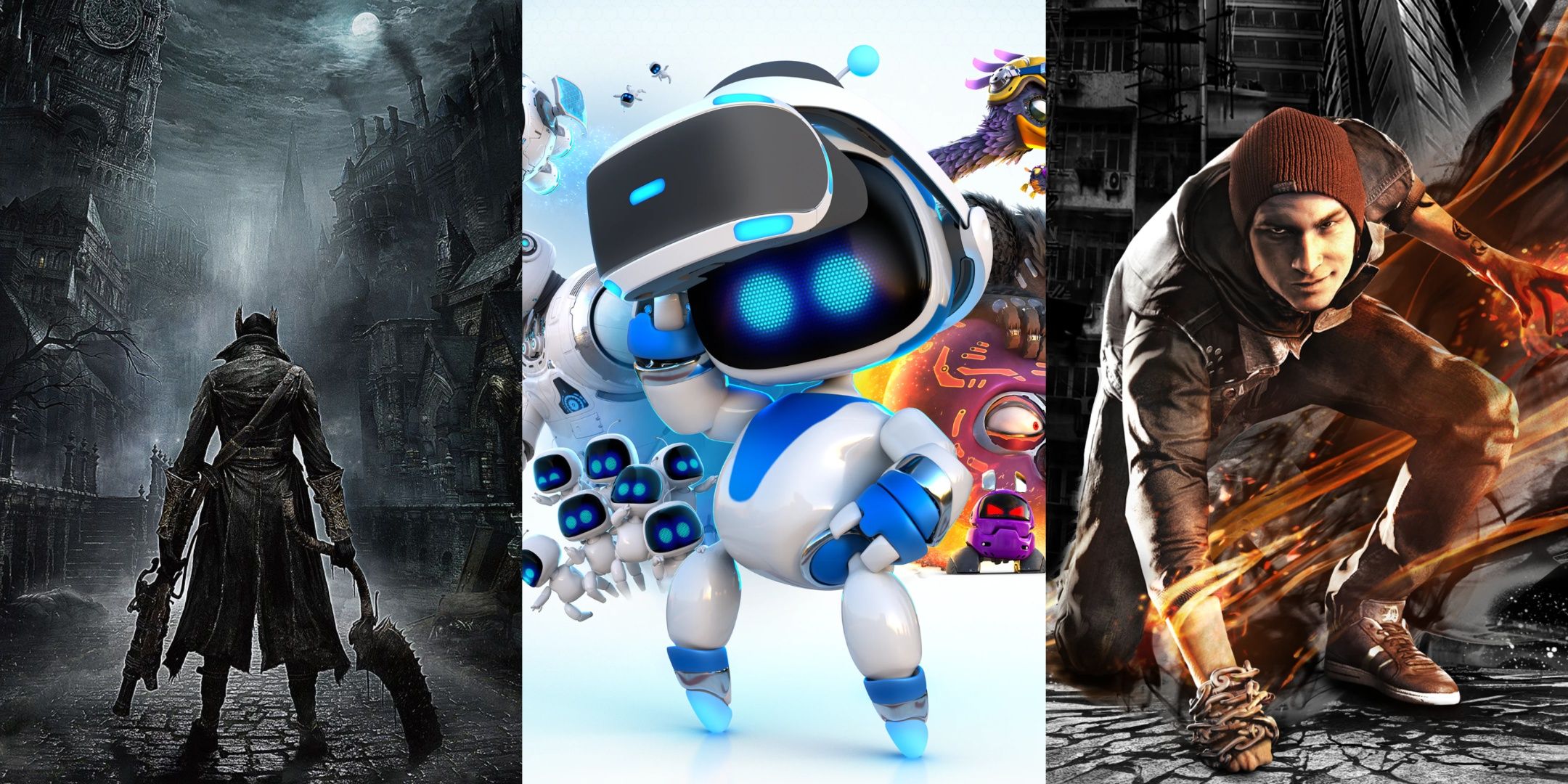 Featured art for Bloodborne, Astro Bot: Rescue Mission, and Infamous: Second Son.