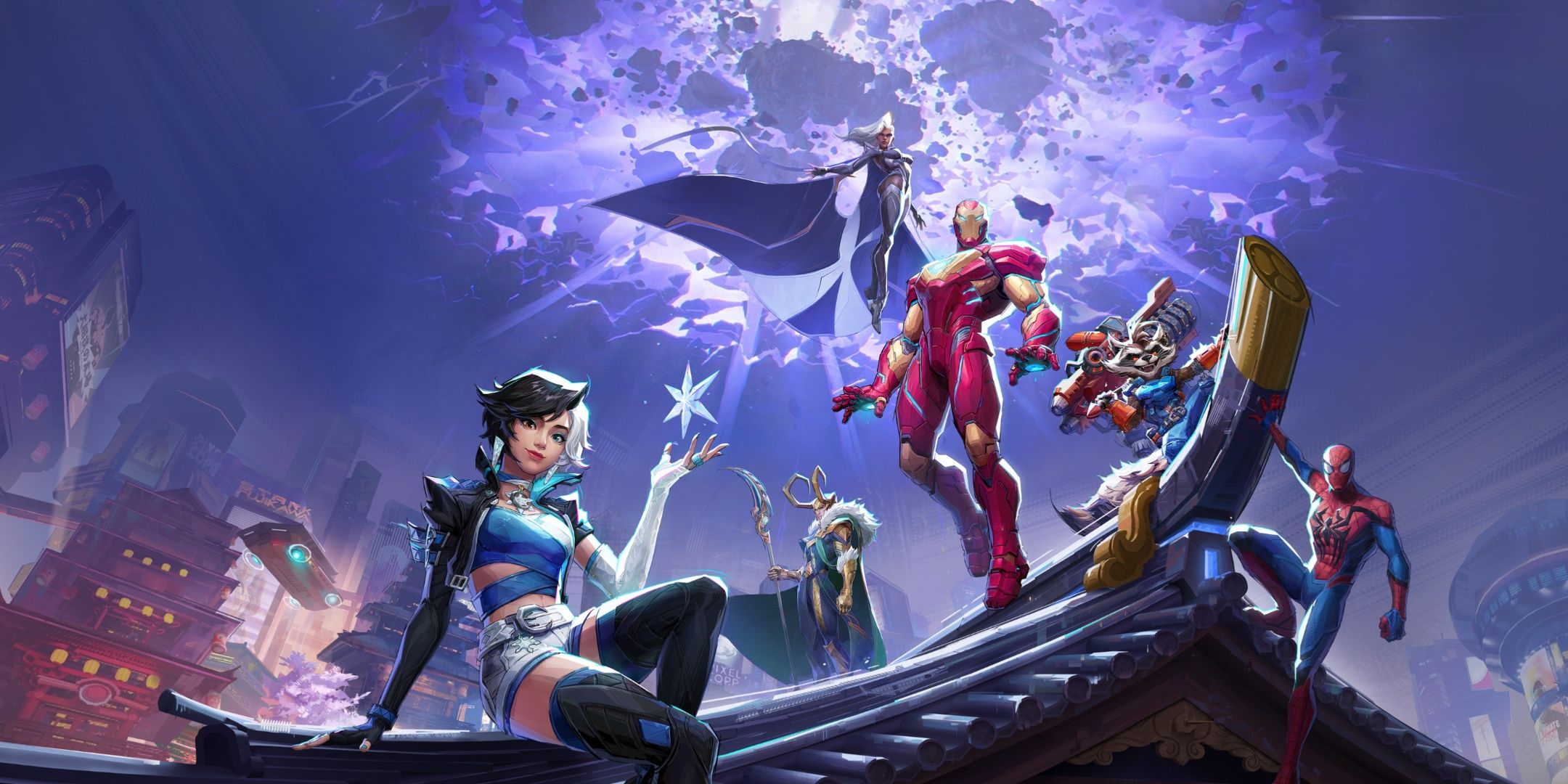 Image of Marvel Rivals Key Art featuring Luna Snow, Loki, Storm, Iron Man, Rocket Raccoon, and Spdier-Man.