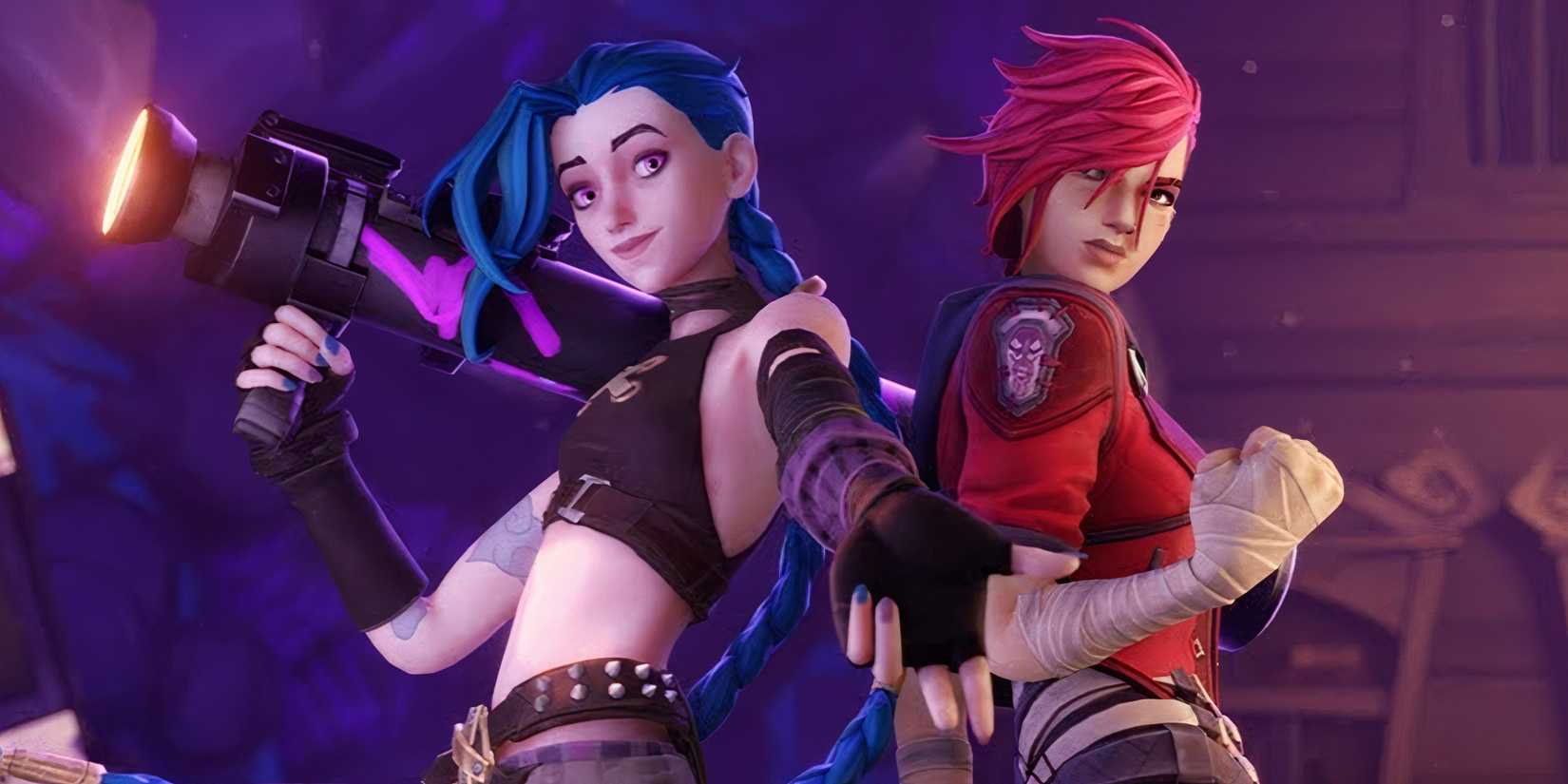 Mysterious Fortnite skins from vi and jinx stand in a row.
