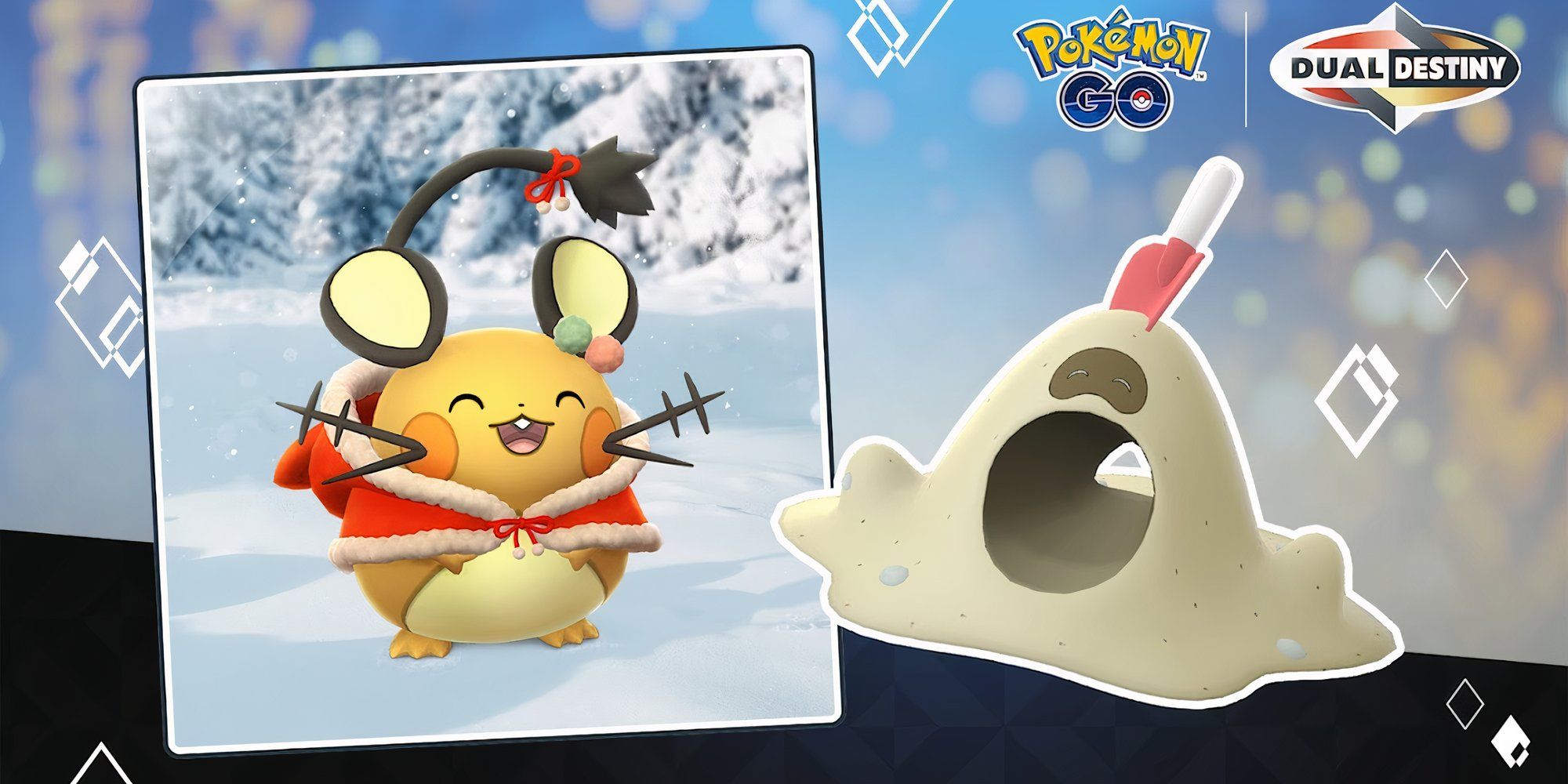 Image of Dedenne wearing holiday attire in a frame next to Sandygast.