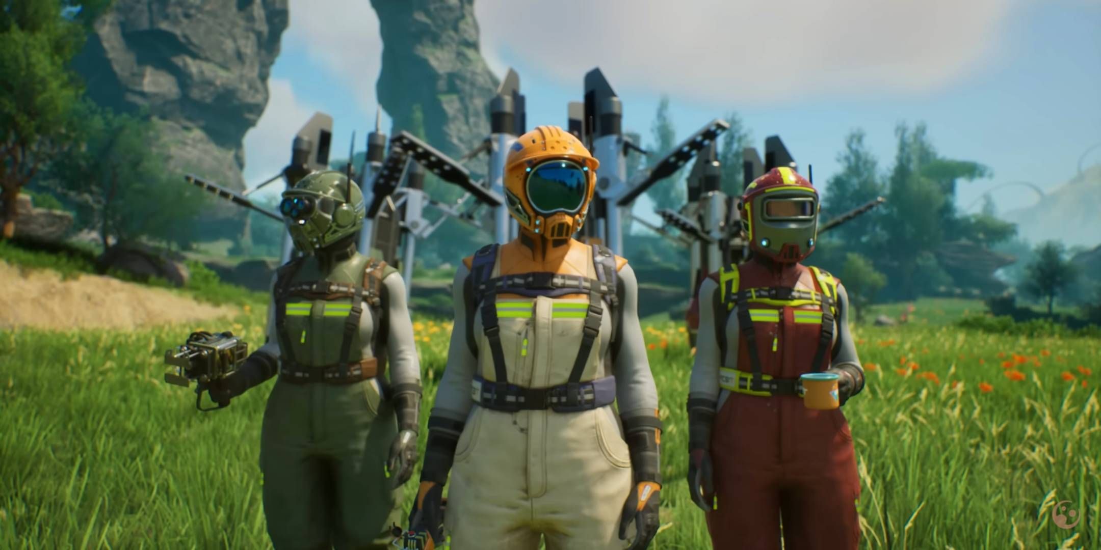 Three characters dressed in industrial gear in Satisfactory.