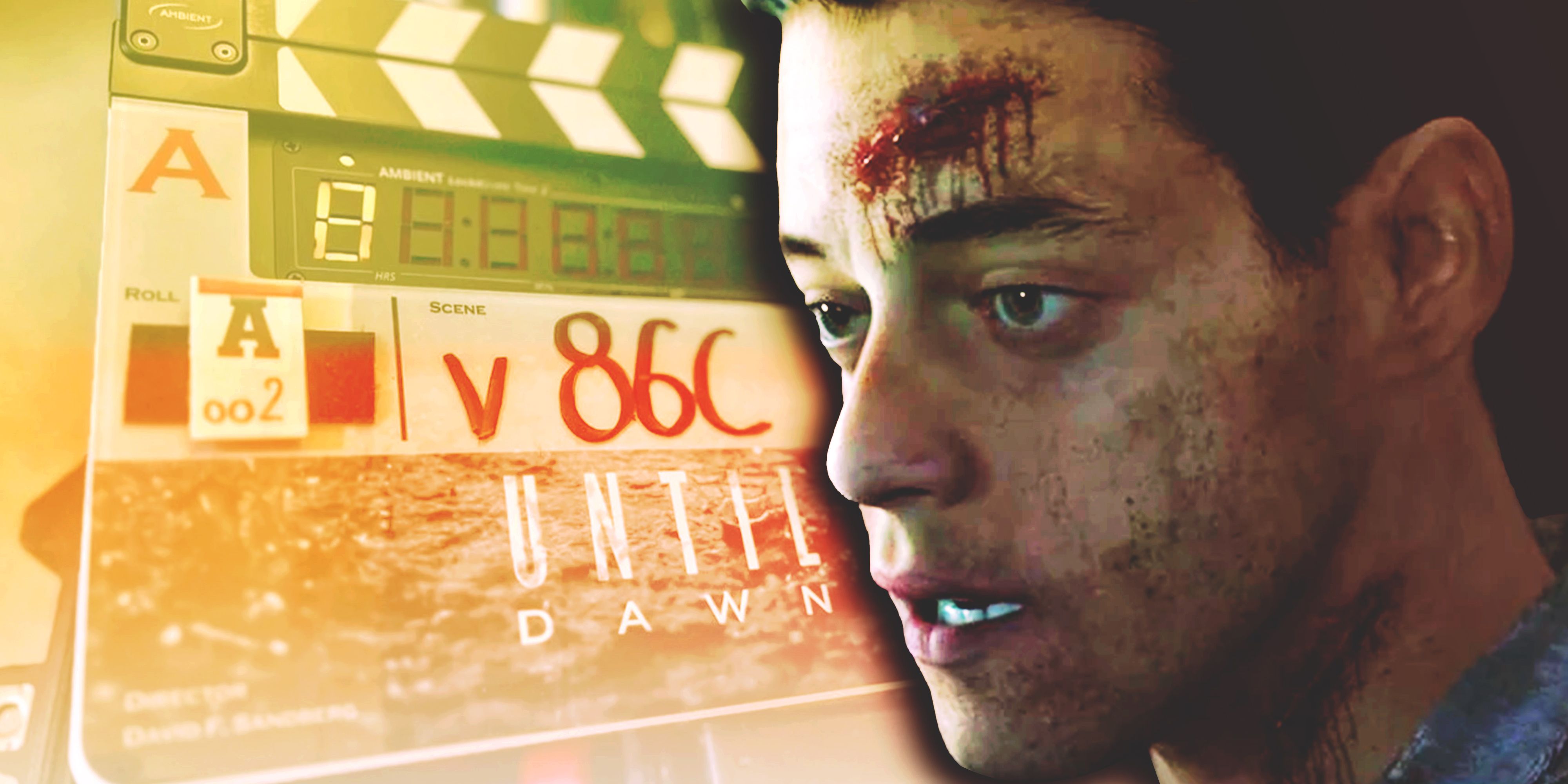 Rami Malek looks at the clapboard for Until Dawn's movie.