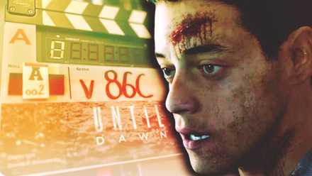 Rami Malek looks at the clapboard for Until Dawn's movie.