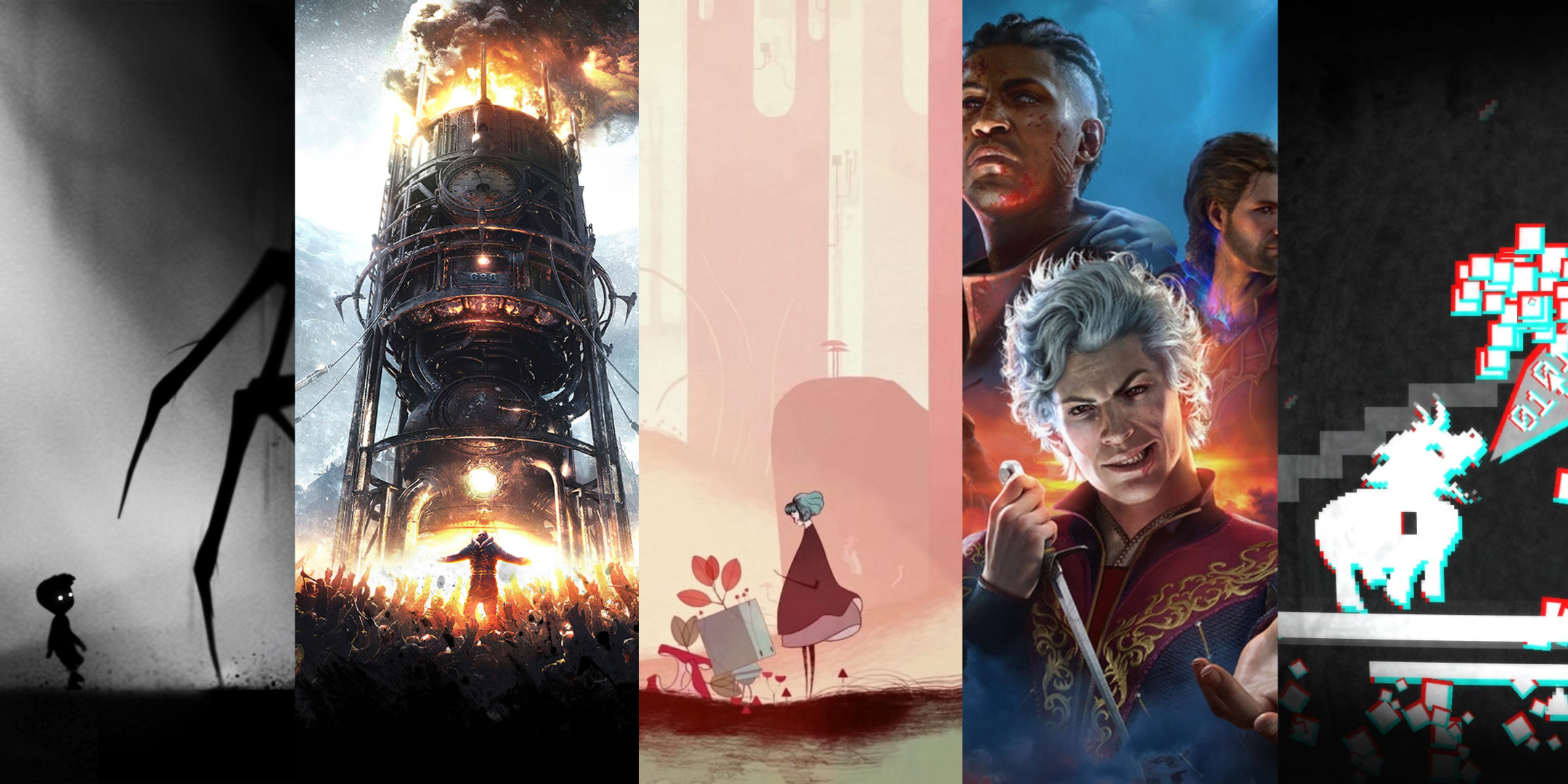 Split images from Limbo, Frostpunk, Gris, Baldur's Gate 3 and Pony Island.