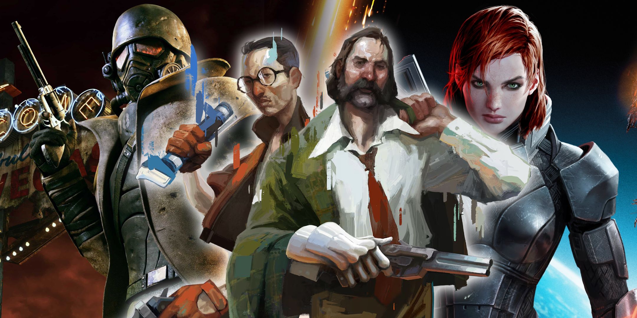 A split image of a ranger from Fallout: New Vegas and Female Commander Shepard from Mass Effect 3 with Kim Kitsuragi and Harry du Bois from Disco Elysium.