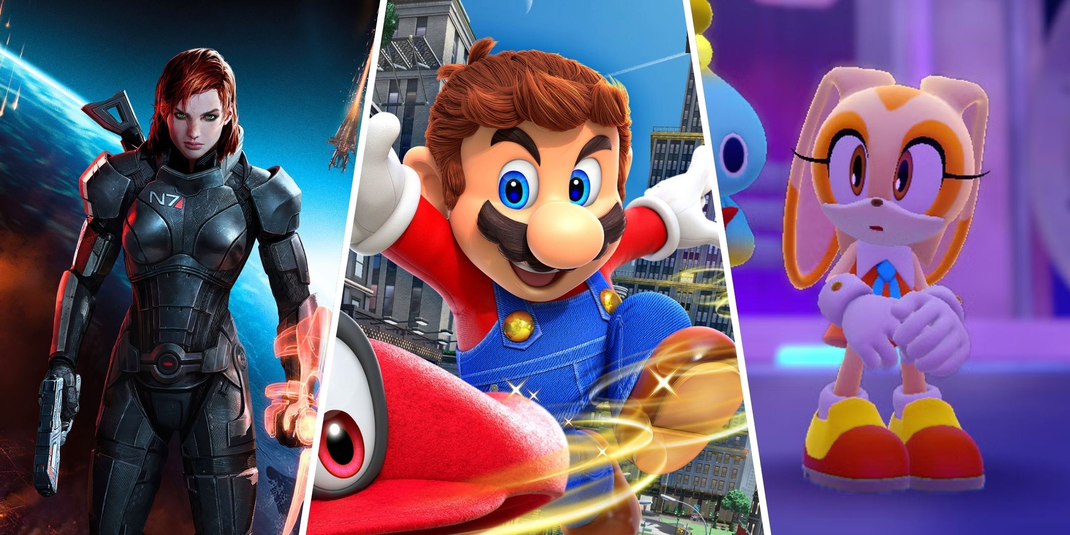 A split image of Commander Shepart from Mass Effect 3, Mario from Super Mario Odyssey, and Cream the Rabbit from Sonic Dream Team.