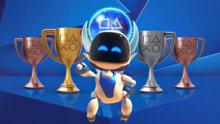 astrobot dancing in front of playstation trophies.