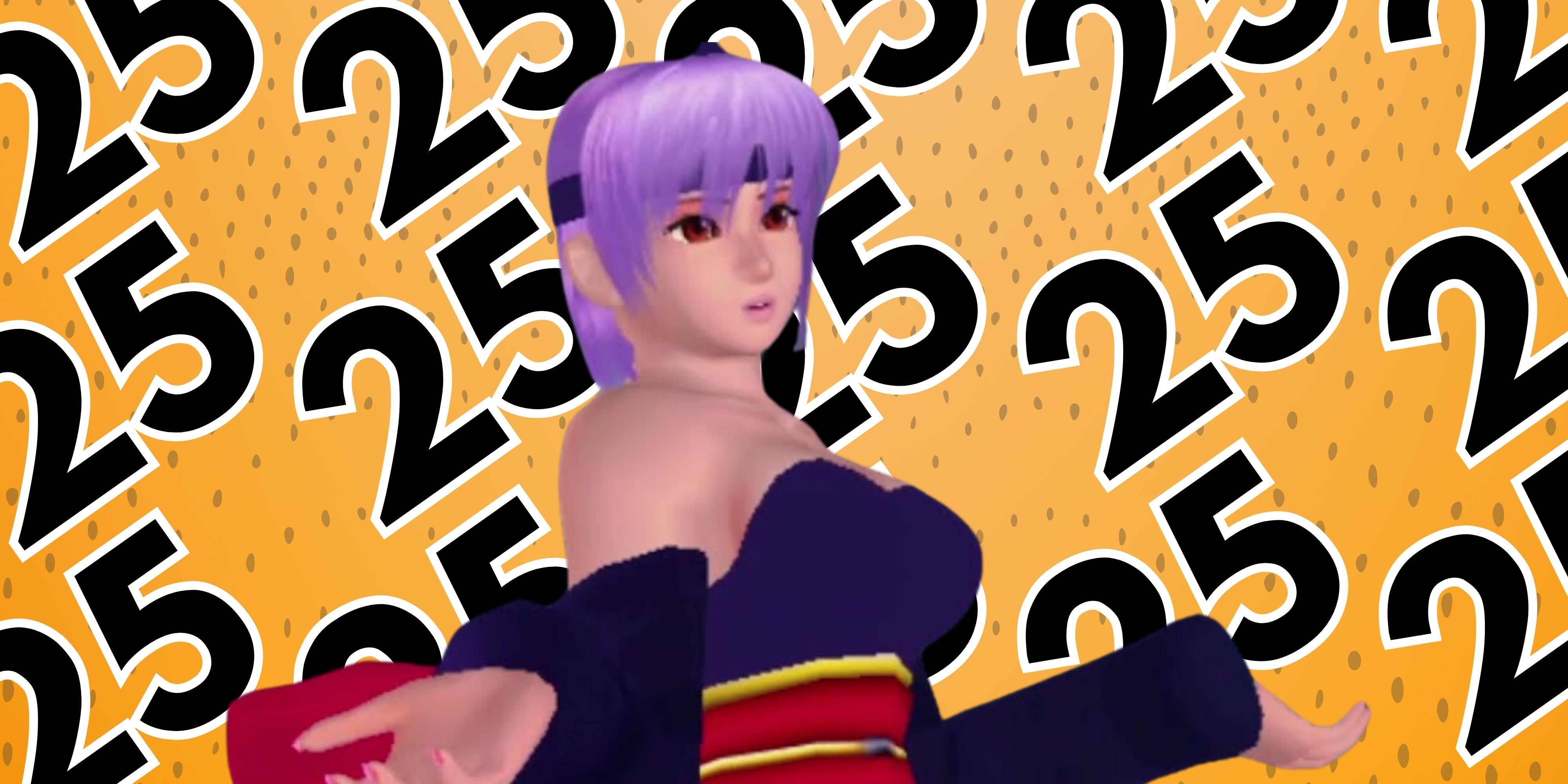 Ayane from Dead or Alive in front of 25 collage