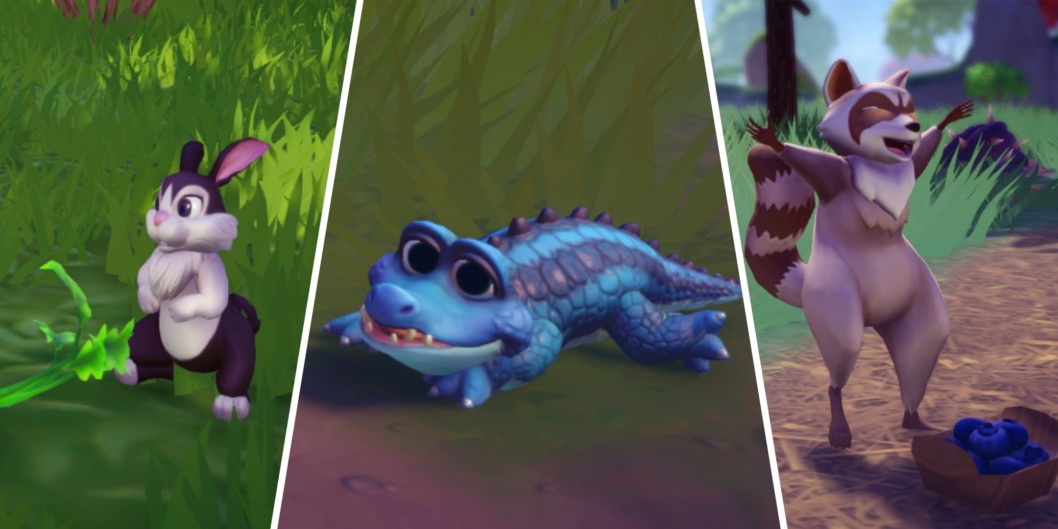 A rabbit, crocodile, and raccoon from Disney Dreamlight Valley.