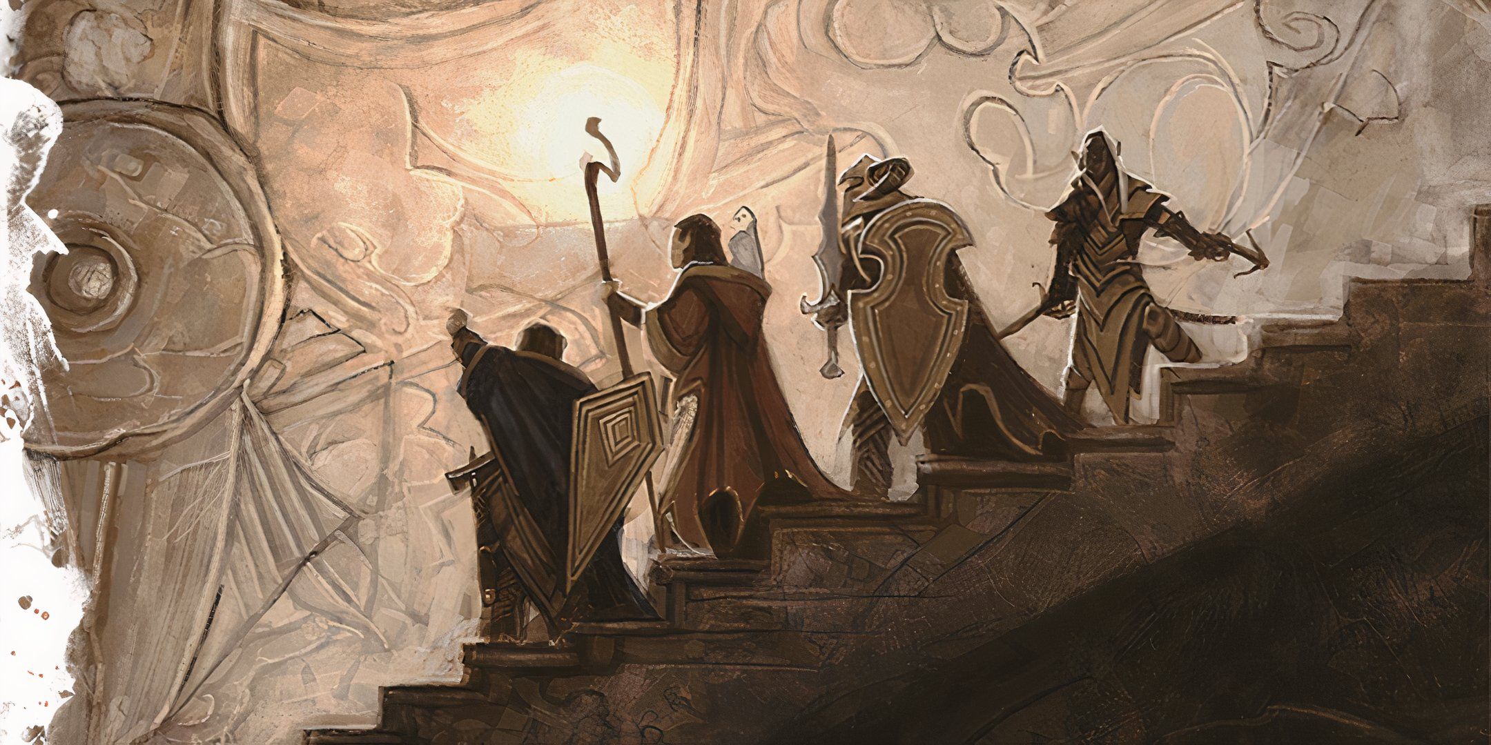 An adventuring party climbs down a dark staircase in DND.