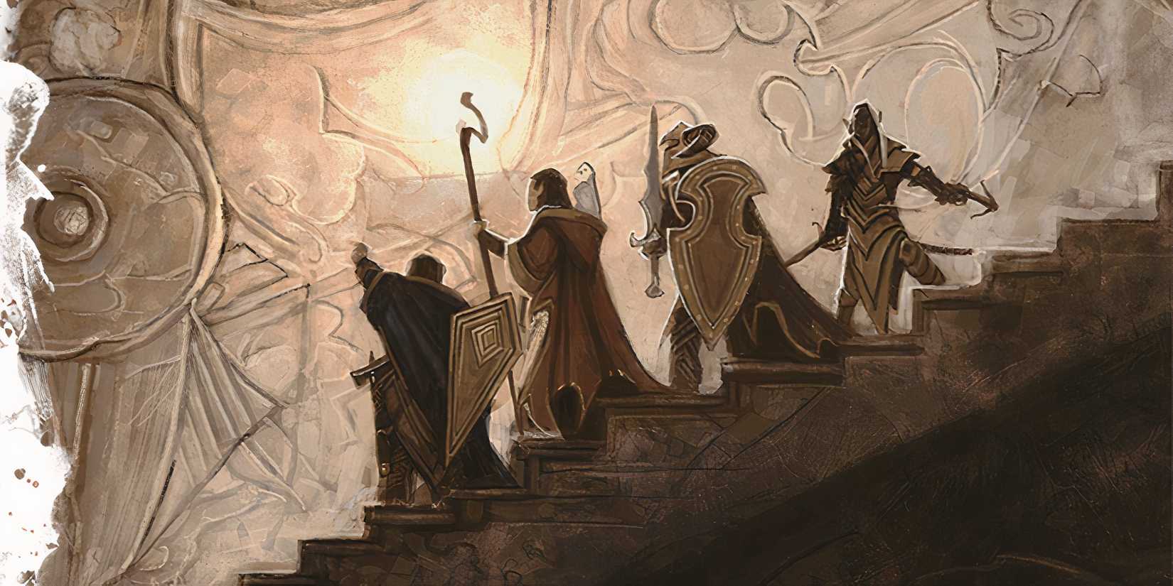 An adventuring party climbs down a dark staircase in DND.