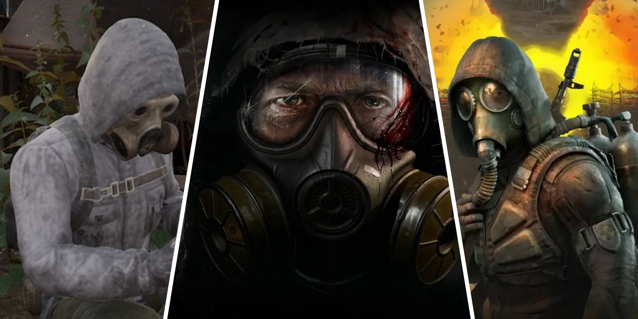 Split image of different characters wearing gas masks in Stalker 2: Heart Of Chornobyl.