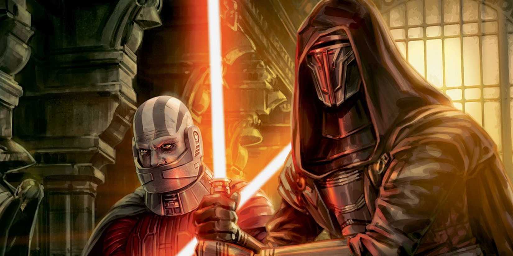 Two Sith Lords - Darth Malak and Darth Revan - standing side by side. Revan ignited a red lightsaber