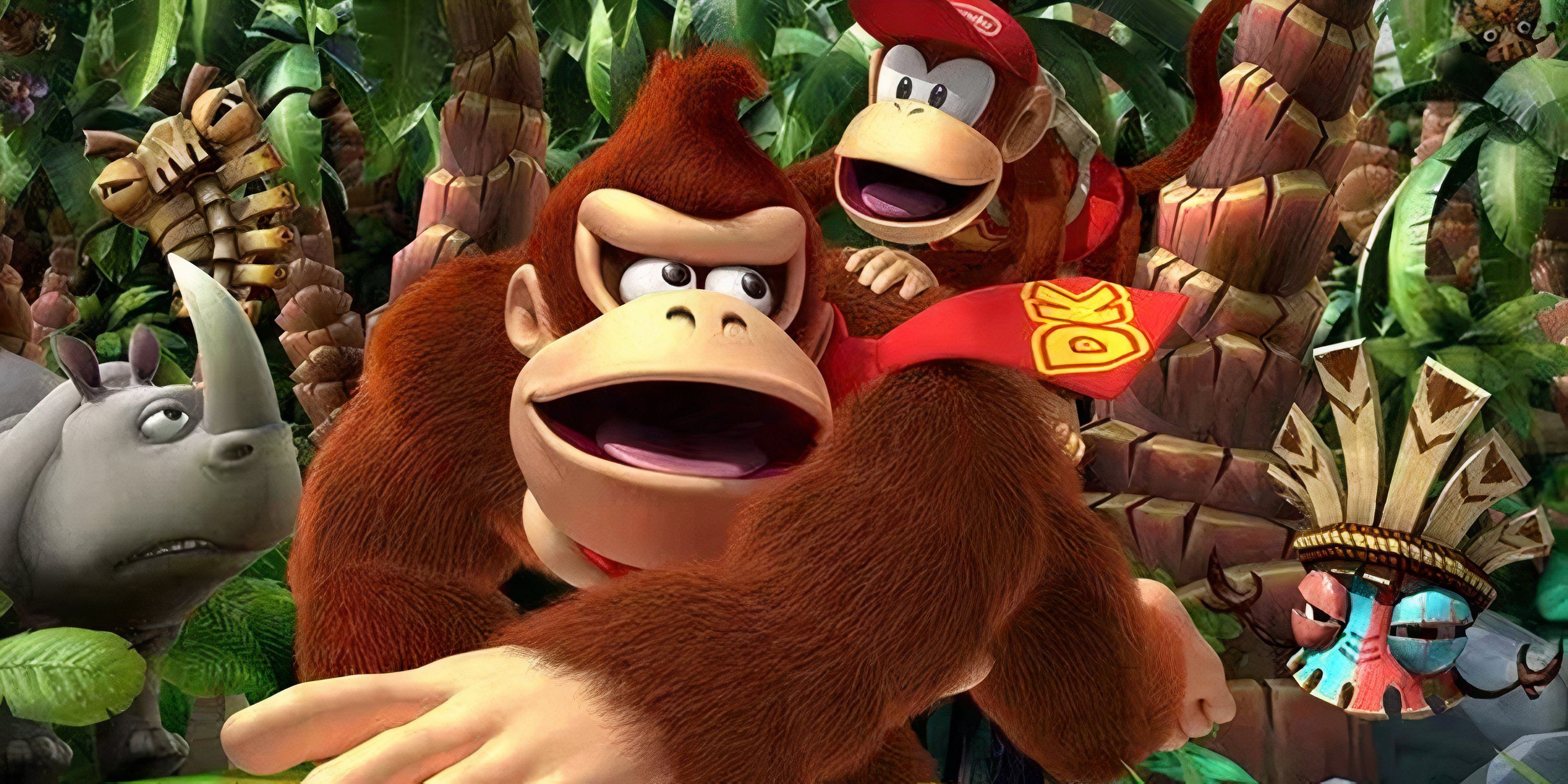 Diddy Kong rides on Donkey Kongs back as he runs away from enemies in the jungle in cover art for Donkey Kong Country Returns HD.