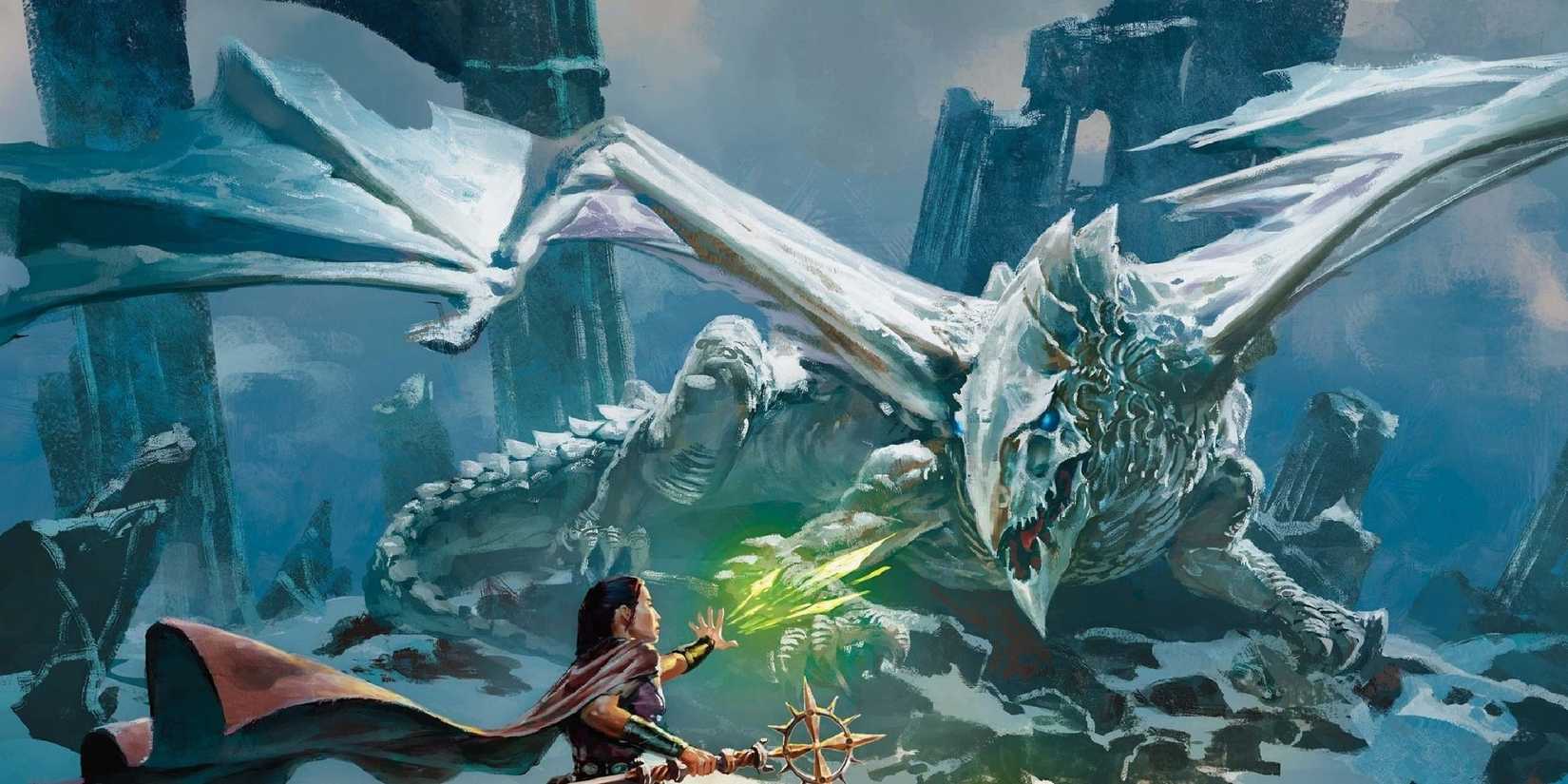 Dungeons & Dragons image showing an adventurer facing a white dragon.