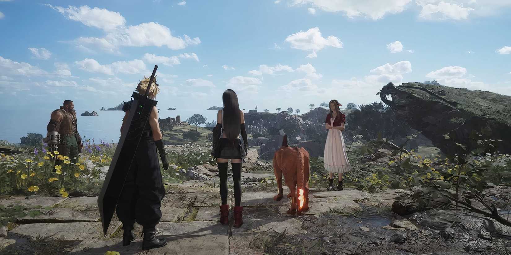 Cloud, Tifa, Aerith, Barret, and Red13 entering into the world map in Final Fantasy 7 Rebirth.