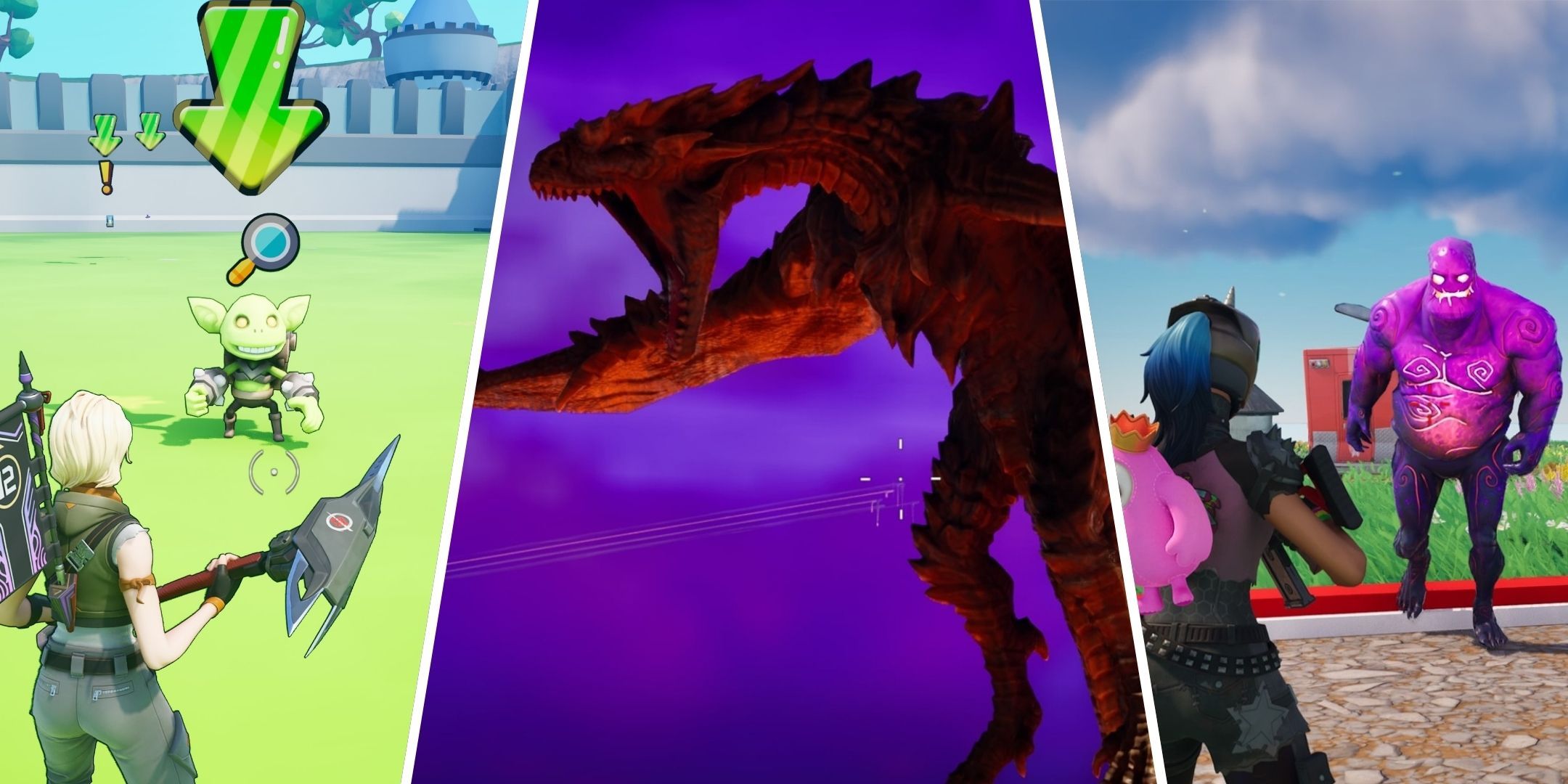 A player interacting with a goblin, a dragon, and a player fighting a zombie in Fortnite Creative.