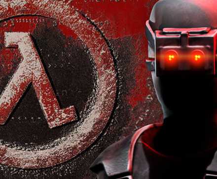 Half-LIfe male assassin over a red lambda.