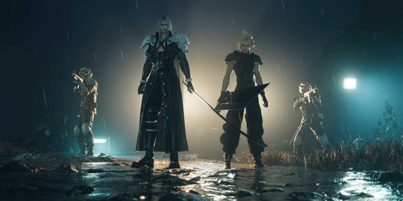 Cloud and Sephiroth standing in the rain in Final Fantasy 7 Rebirth.