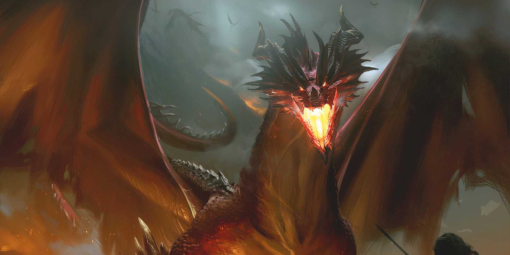 Dnd Red Dungeons & Dragons art of an Ancient Red Dragon looking over a crowd in ...