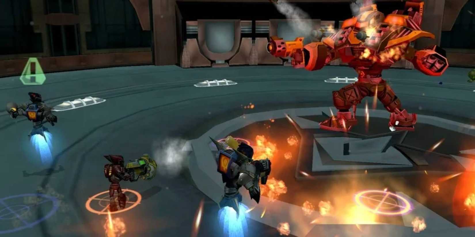 In Ratchet: Deadlocked, Ratchet and his robot companions are taking fire on a large group of enemies.