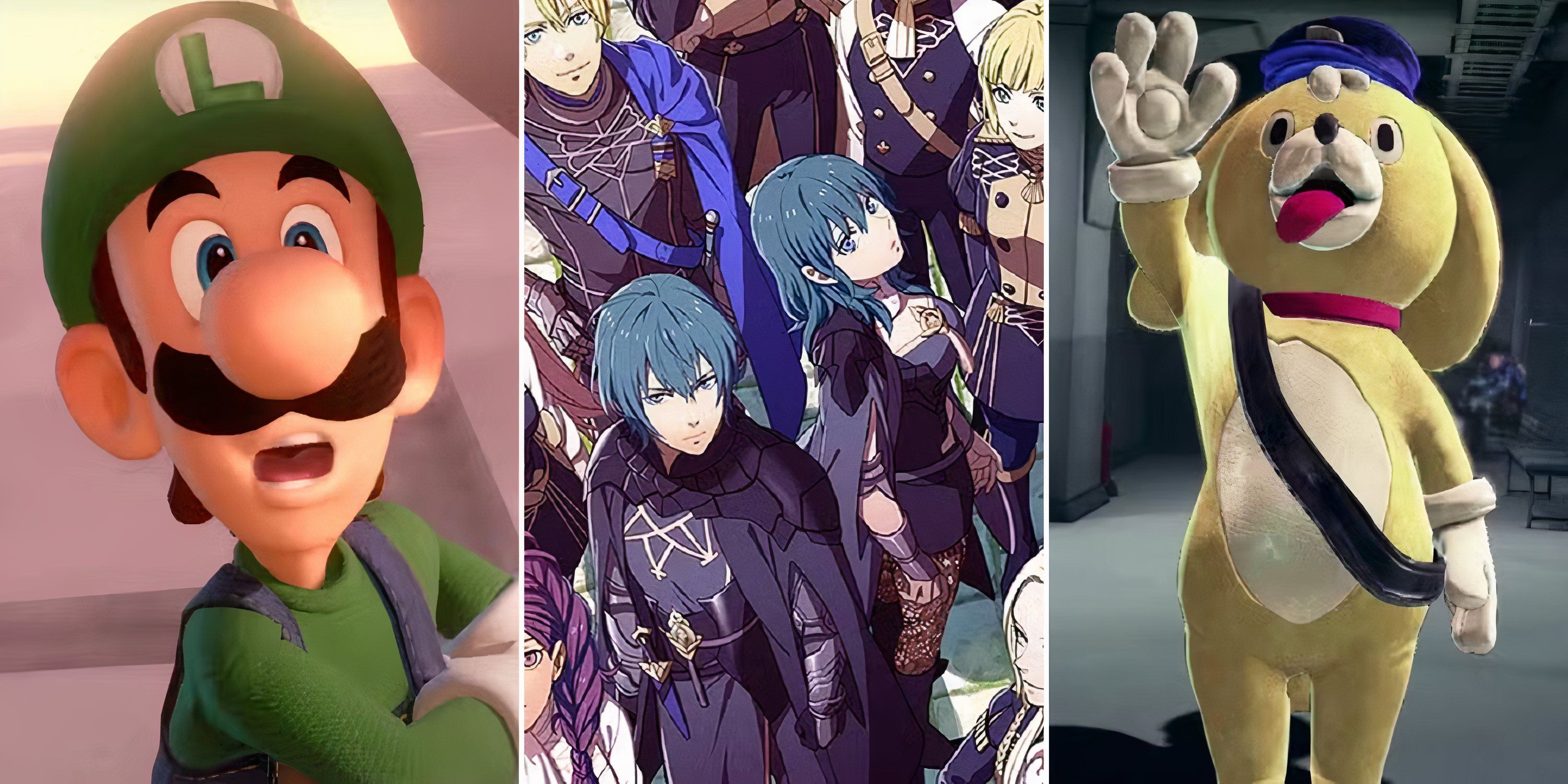 Luigi looks up with his mouth open, the protagonists from Fire Emblem: Three Houses stand beside each other, Lappy raises a hand in the police station.