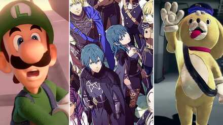 Luigi looks up with his mouth open, the main characters from Fire Emblem: Three Houses stand next to each other, Lappy raises a hand at the police station.