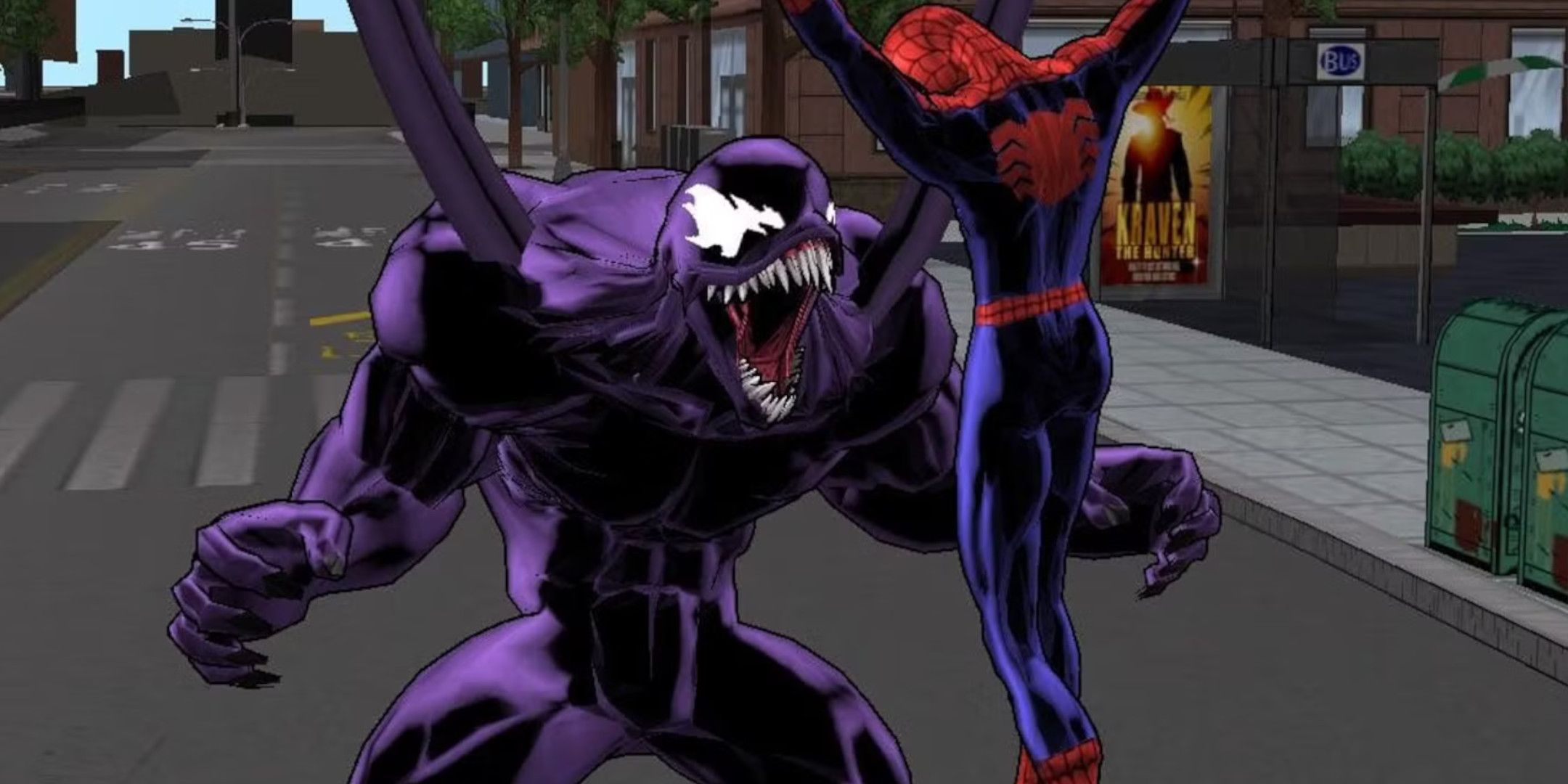 Venom holding up Spider-Man in Ultimate Spider-Man.