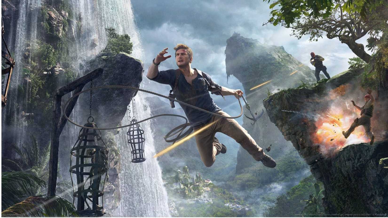 Nathan Drake swings through the air with a grappling hook while enemies shoot at him mid-flight in Uncharted 4.