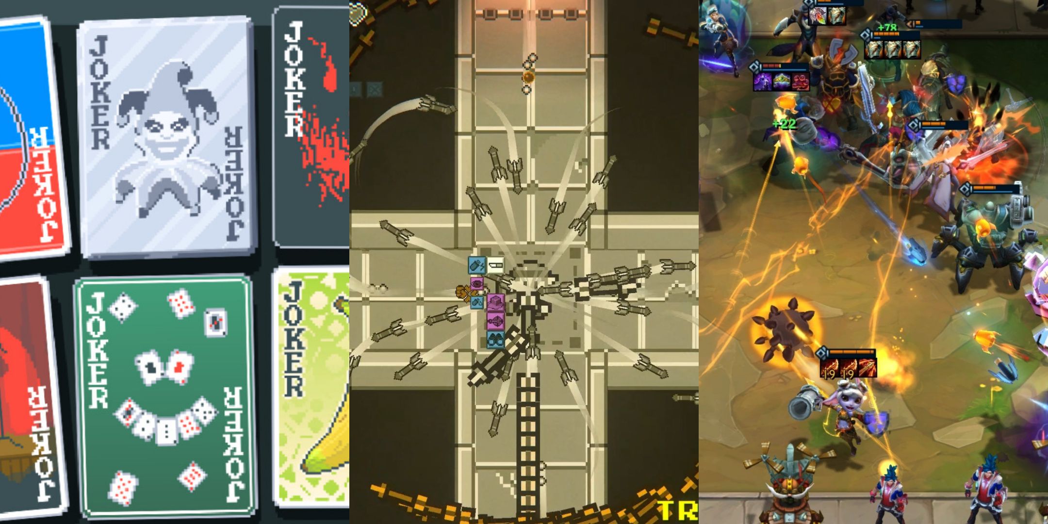 Left to right: Close-ups of two jokers in Balatro, The Archer surrounded by a swarm of missiles in Talented, and a chaotic board in TFT Hyper Roll.