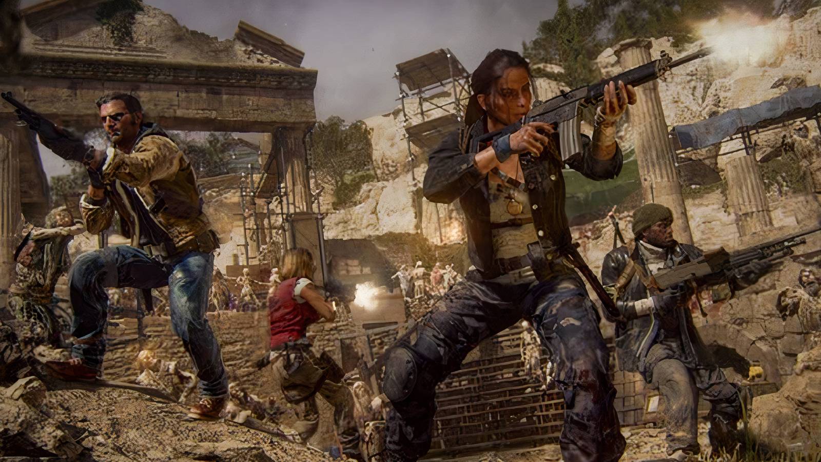 A picture of three soldiers fighting a bunch of zombies on the Tomb - bo6