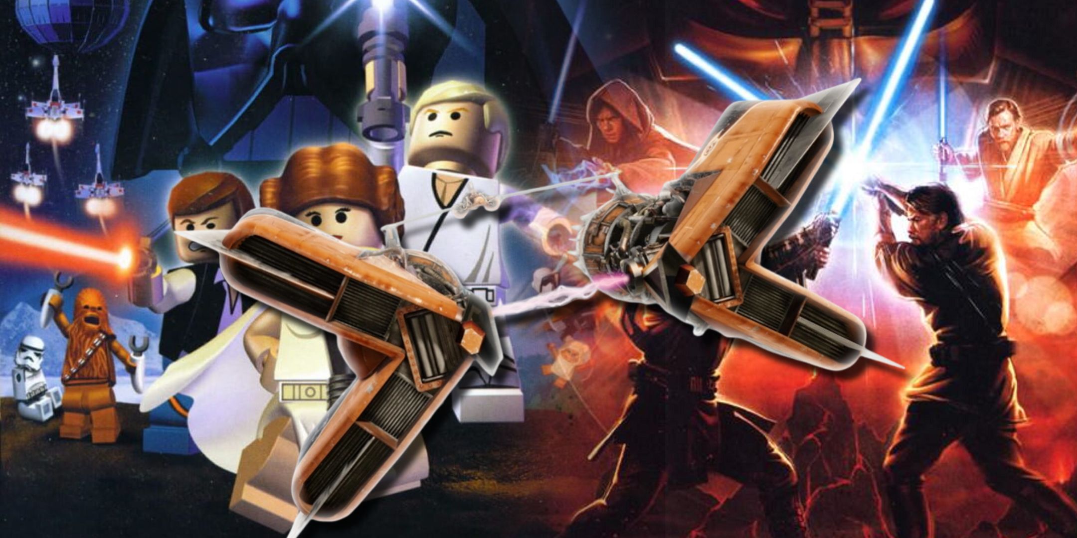 A split image of artwork from Lego Star Wars 2: The Original Trilogy and the video game adaptation of Star Wars: Episode 3 - Revenge of the Sith with Sebulba's podracer over top.