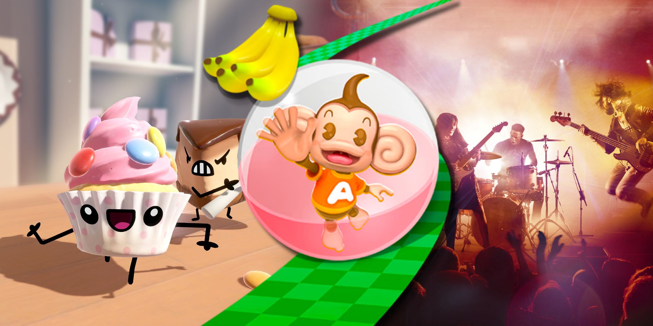 Split image of the cover art for Cake Bash and Rock Band 4 with AiAi from Super Monkey Ball Banana Mania above.