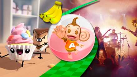 Split image of the cover art for Cake Bash and Rock Band 4 with AiAi from Super Monkey Ball Banana Mania above.
