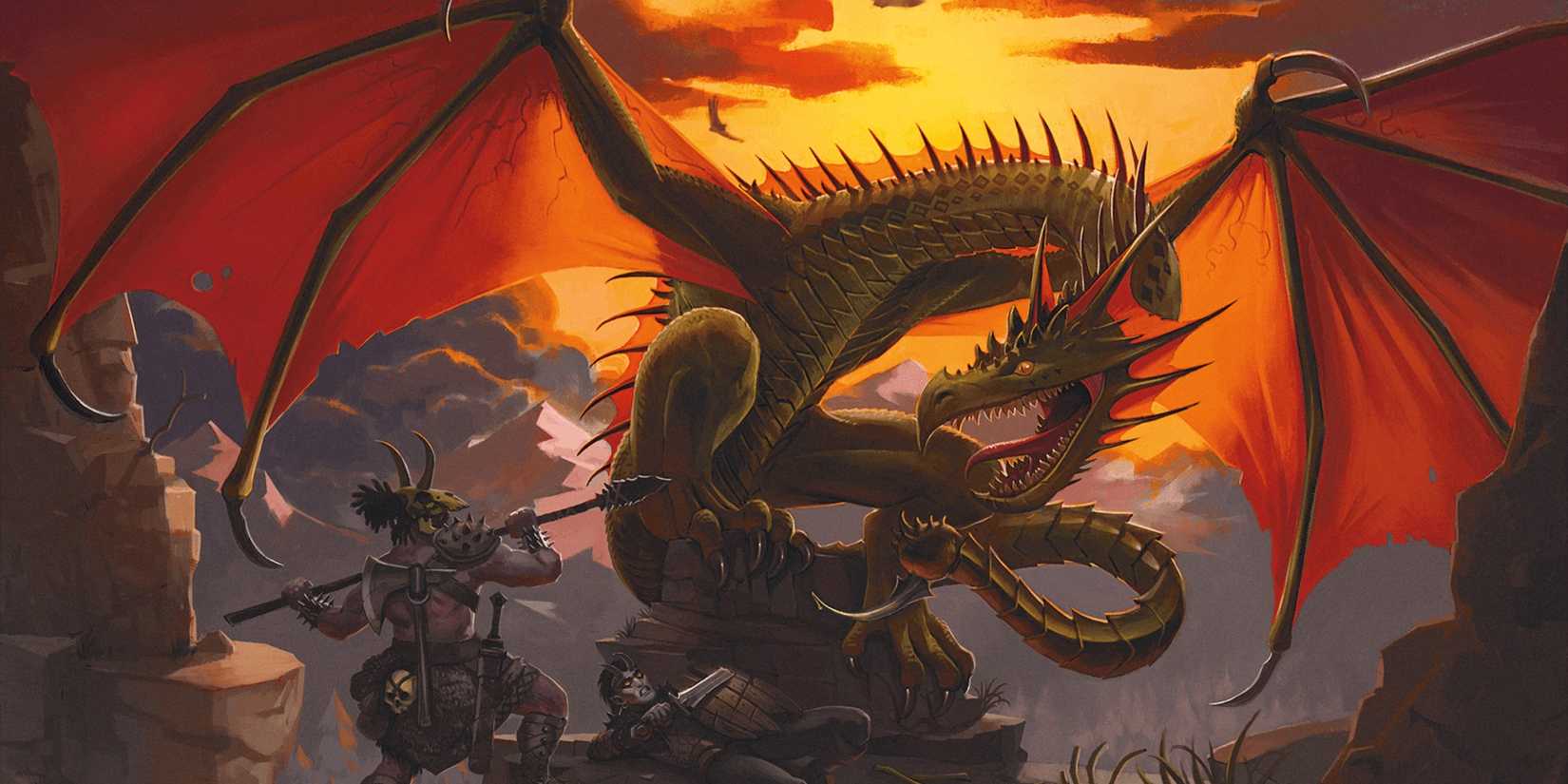 Dungeons & Dragons image showing an adventurer and a wyvern.