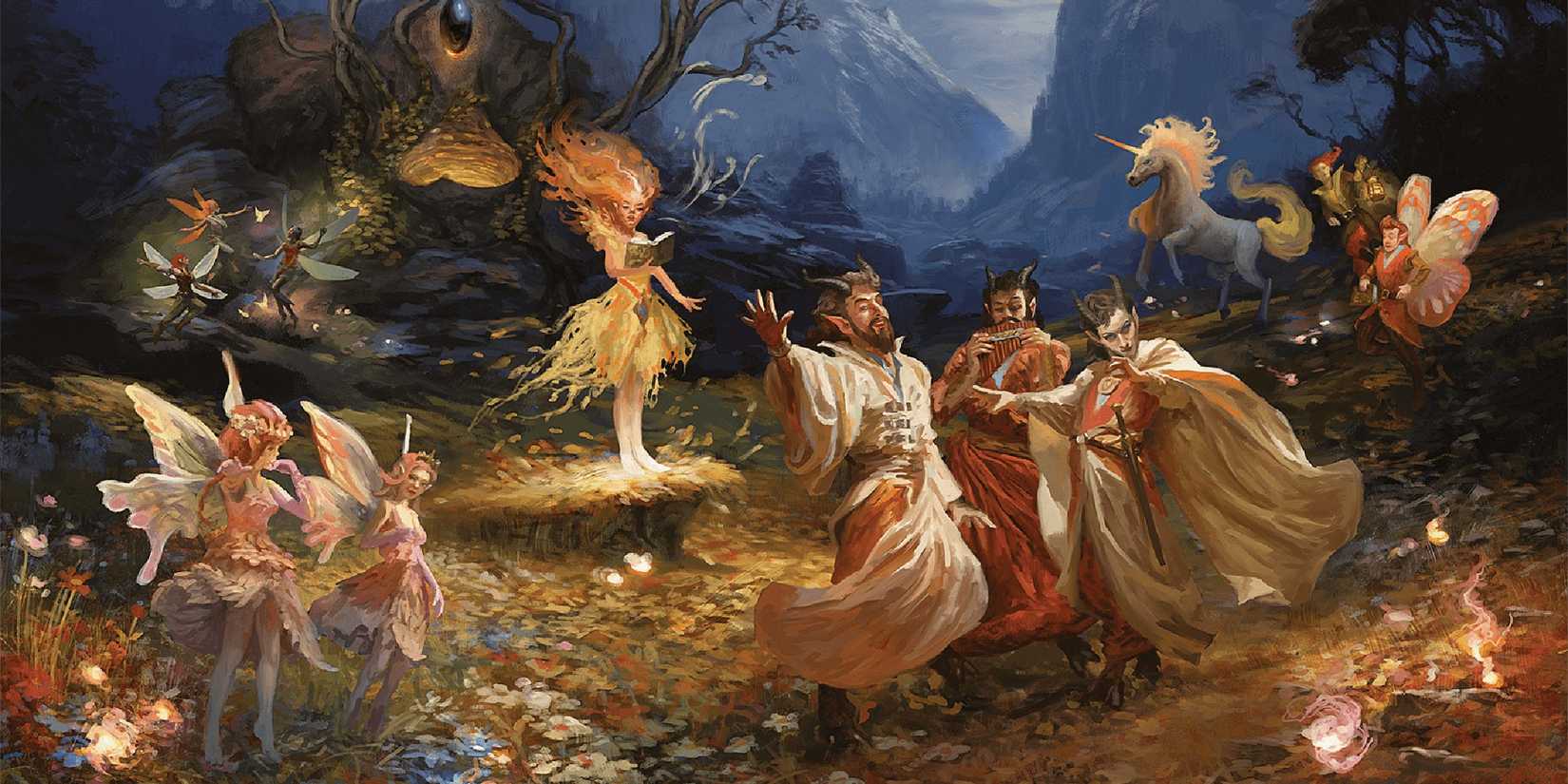 DnD art showing a group of fey in the feywild. 