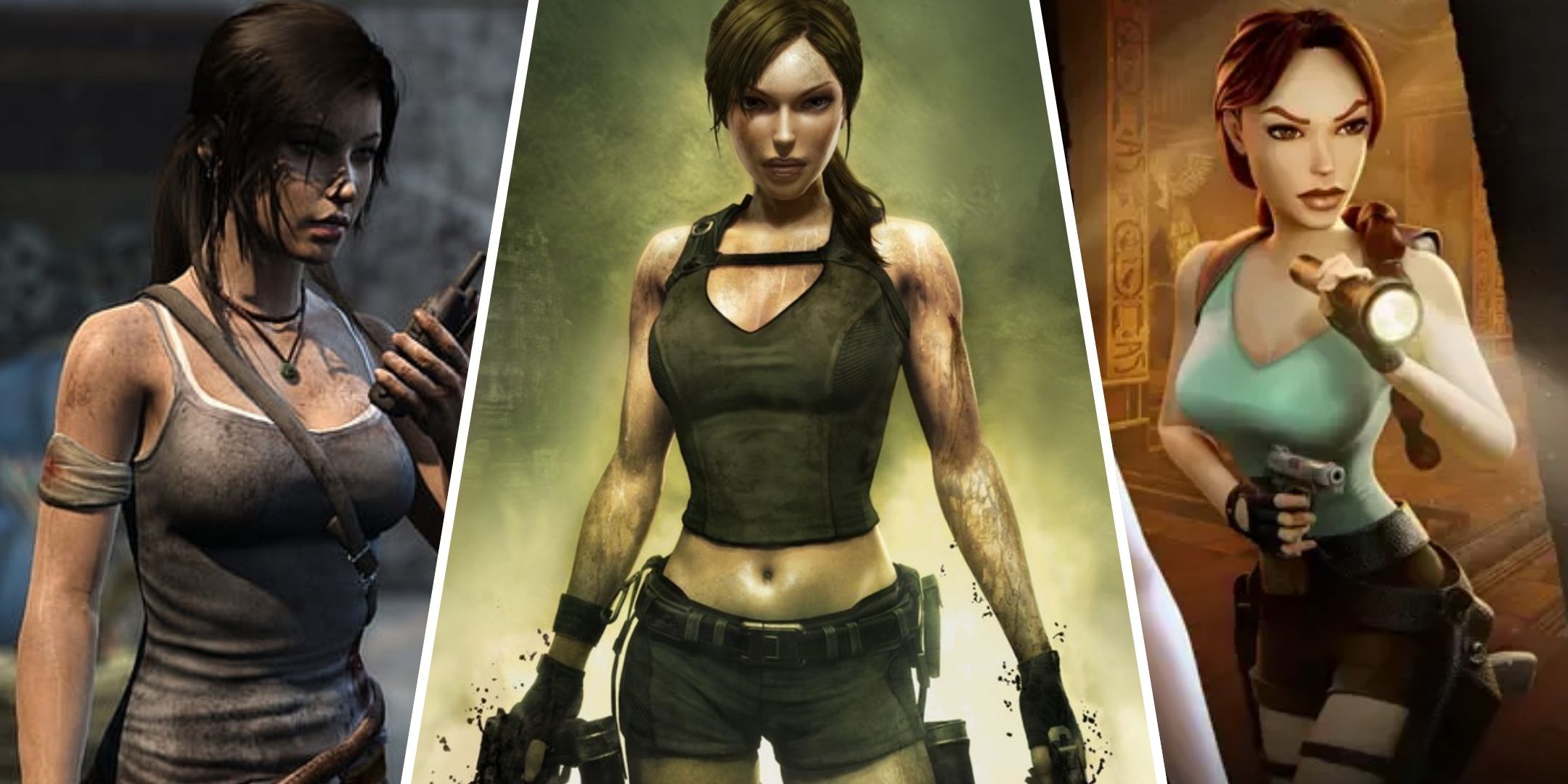 Split image of different versions of Lara Croft.