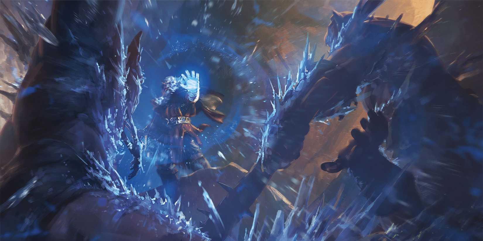 A wizard casts a cone of cold spell in Dungeons & Dragons.