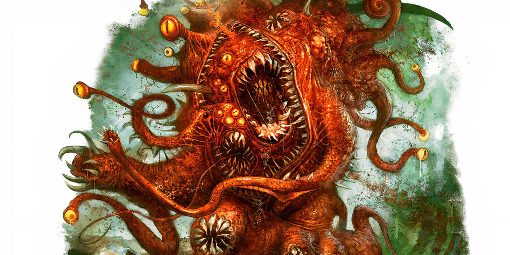 The terrifying Gibbering Mouther creature with dozens of eyes and teeth and orange skin in Dungeons & Dragons (DND).