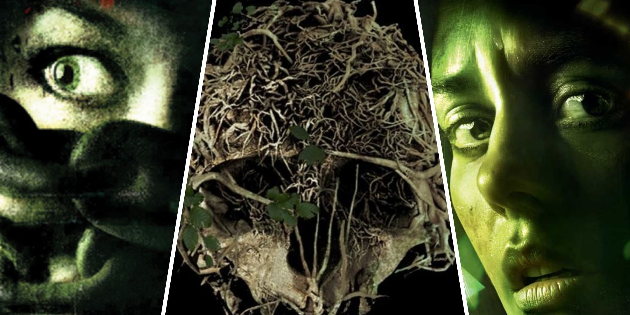 Split images of key art from Condemned: Criminal Origins, The Forest and Alien: Isolation.