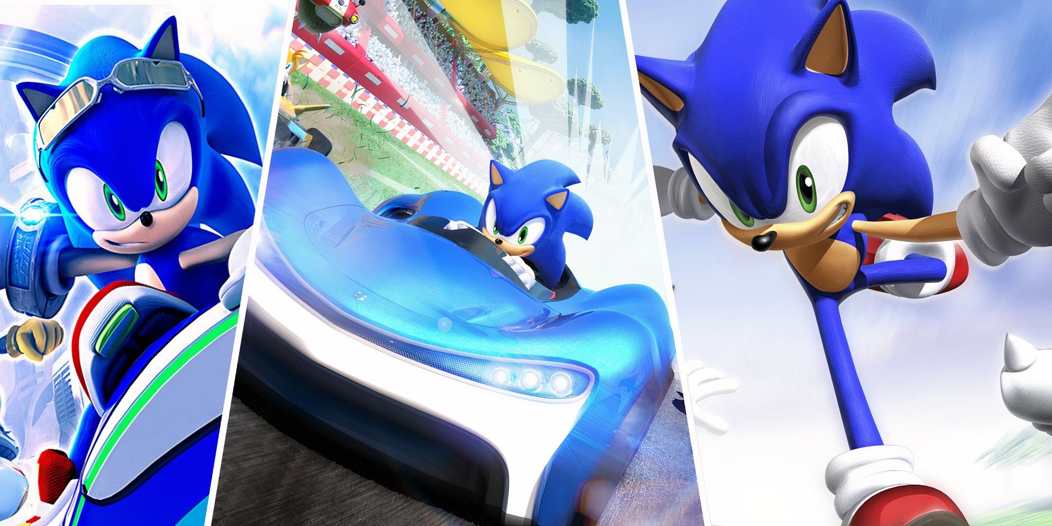Sonic as he appears in Sonic Riders: Zero Gravity, Team Sonic Racing, and Sonic Rivals.