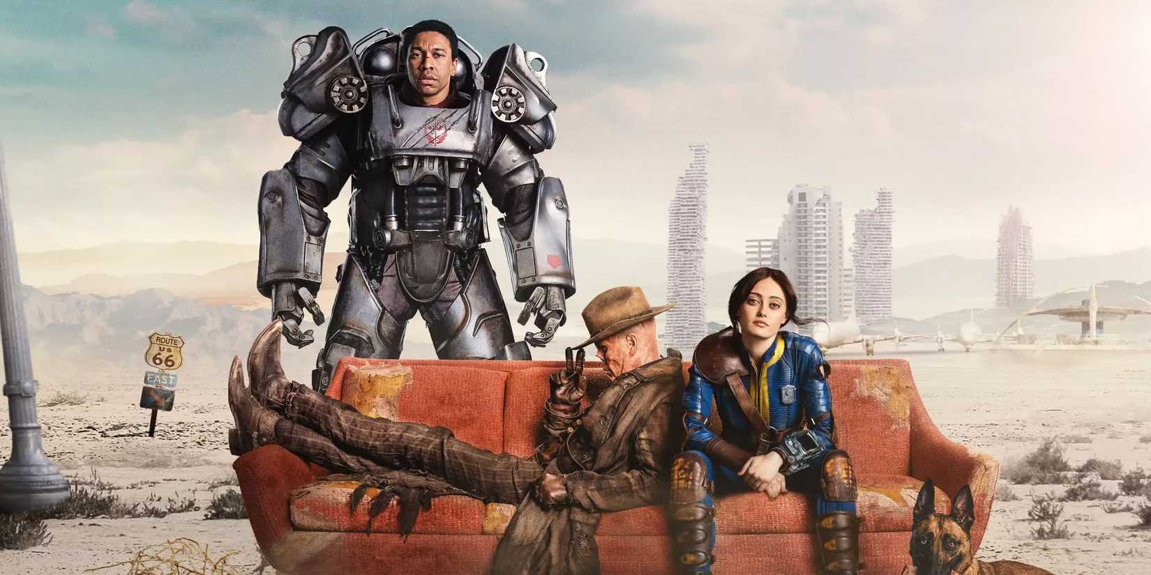 Fallout TV series promo art of the Ghoul and Lucy on the couch in the ruins.