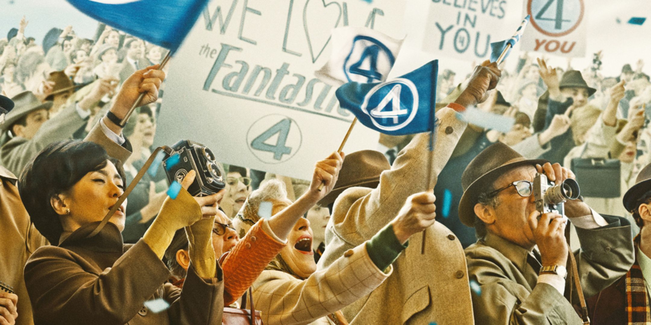 The cropped image of the Fantastic Four poster is suspected to be AI. It features a crowd waving Fantastic Four flags and holding signs.